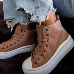 Women's Faux Leather High Top Platform Sneakers- Blush